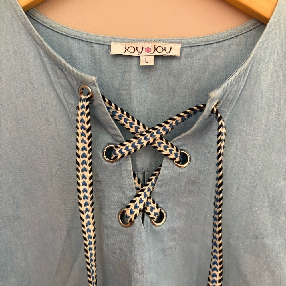 Joy Joy Light Blue Sleeveless Tunic Jean Dress with Tassel Accents Size L - Picture 4 of 5
